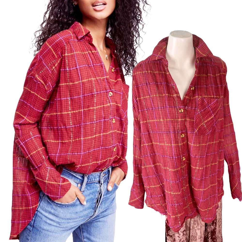 Free people break my stride plaid button-down top XS